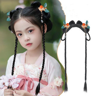 Trẻ Em Hanfu Mũ Đội Đầu Cô Gái Xinh Đẹp Tóc Giả Bện Bộ Kẹp Tóc + Băng Đô Trung Quốc Phong Cách Cổ Đại Phụ Kiện Tóc