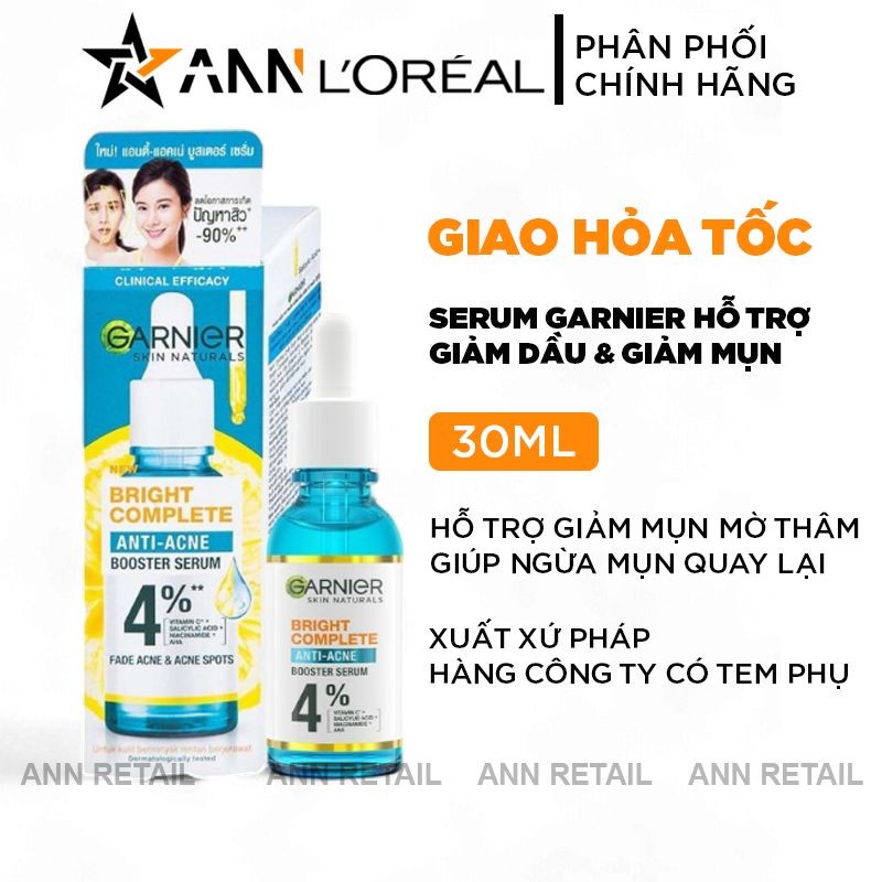 Serum Garnier Màu Xanh Skin Naturals Bright Complete Anti-Acne Hỗ Trợ Ngừa Mụn Giảm Thâm 30ml