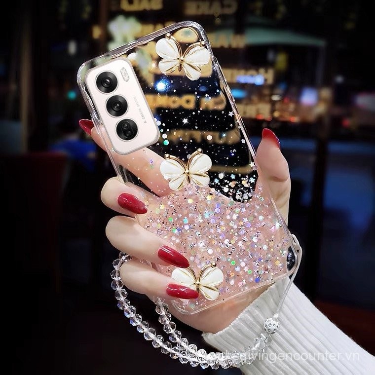 Giảm Giá Sốc Ốp thời trang OPPO reno12 Pro Oppo RENO 12 12pro reno12pro 5g Ốp điện thoại sáng bóng hình bướm 3D với vòng tay pha lê ốp mềm trong suốt TPU Ốp lưng chống sốc wnfu