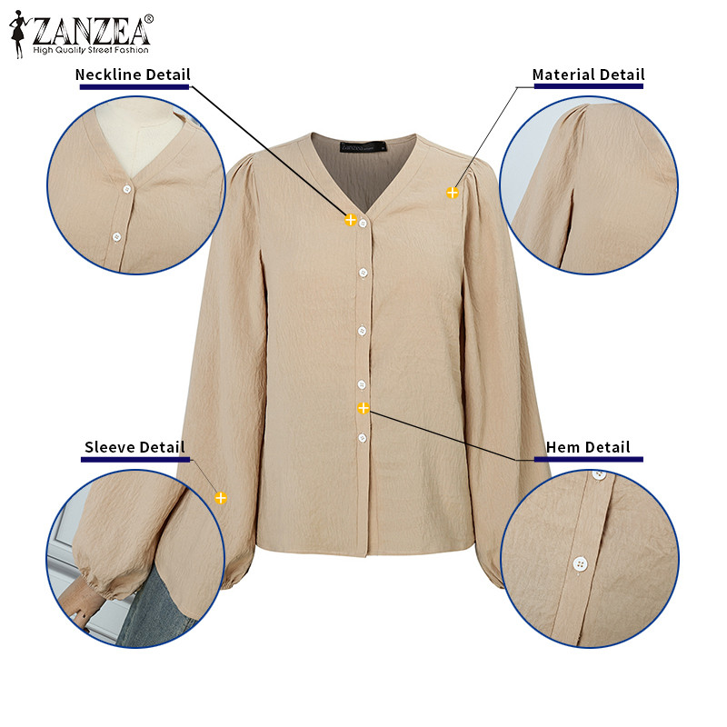 Zanzea Nữ Hàn Quốc Cổ Chữ V dáng rộng Nút áo dài tay màu trơn | BigBuy360 - bigbuy360.vn