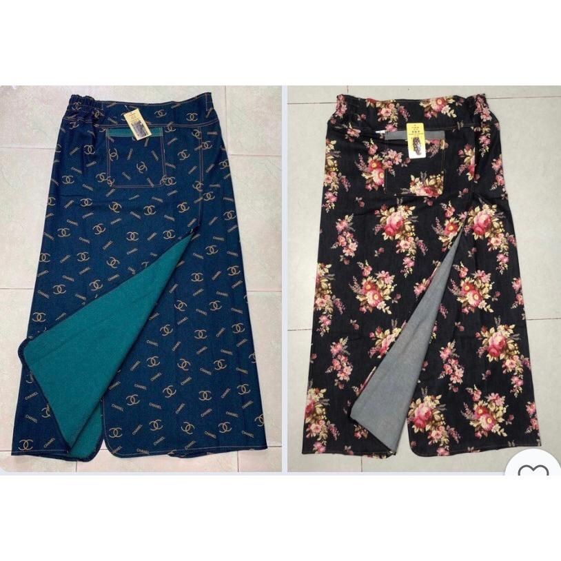 Váy jean chống nắng xẻ ta , chân váy , bông hoặc họa tiết , có 2 nút bấm và dán , ảnh thật