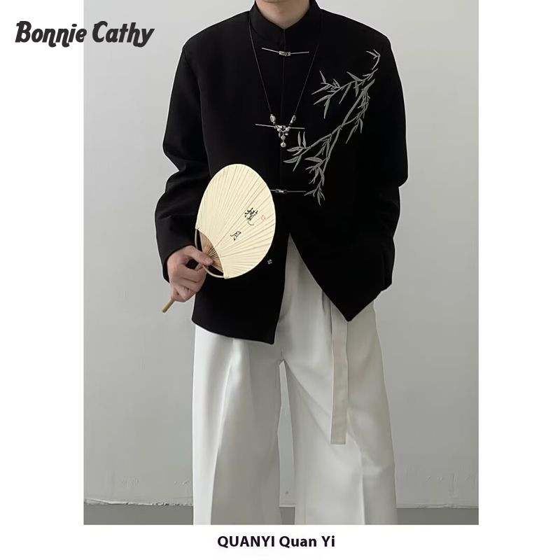 Bonnie Cathy  Nam Phong Cách Trung Hoa Thêu Tre, Đệm Vai - Phù Hợp Jacket