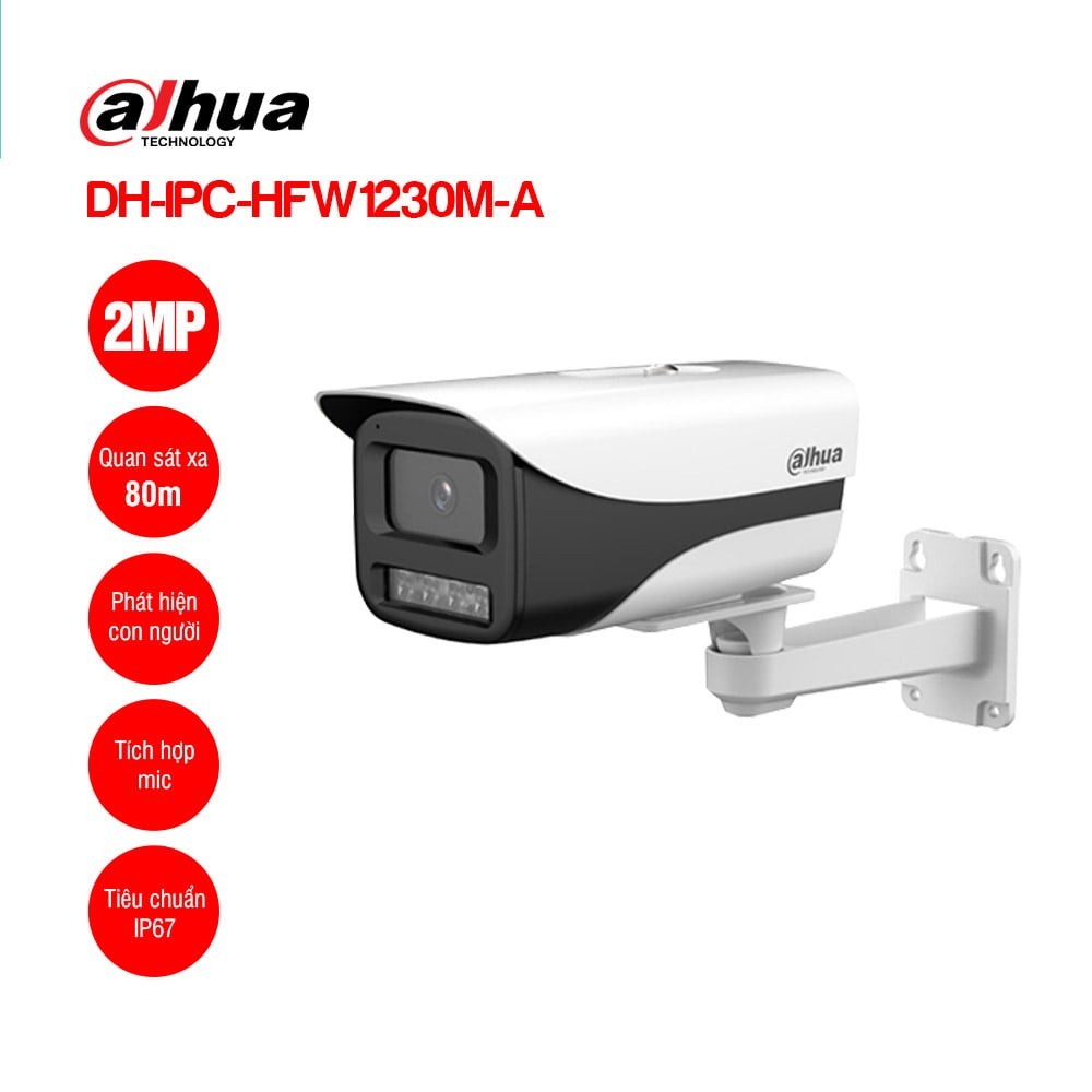 Camera IP 2MP DAHUA HFW1230M-A  thân lớn ngoài trời, hỗ trợ cấp nguồn poe, tích hợp mic thu âm hồng 