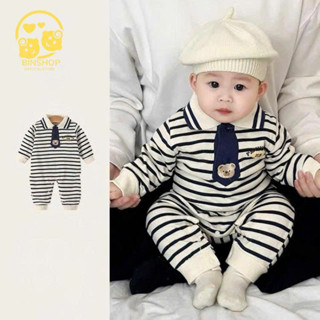 Bodysuit dài tay cho bé polo cavat gấu, Áo liền quần cho bé chất vải Len Tăm mềm mịn, Quần áo trẻ sơ sinh 3-12kg
