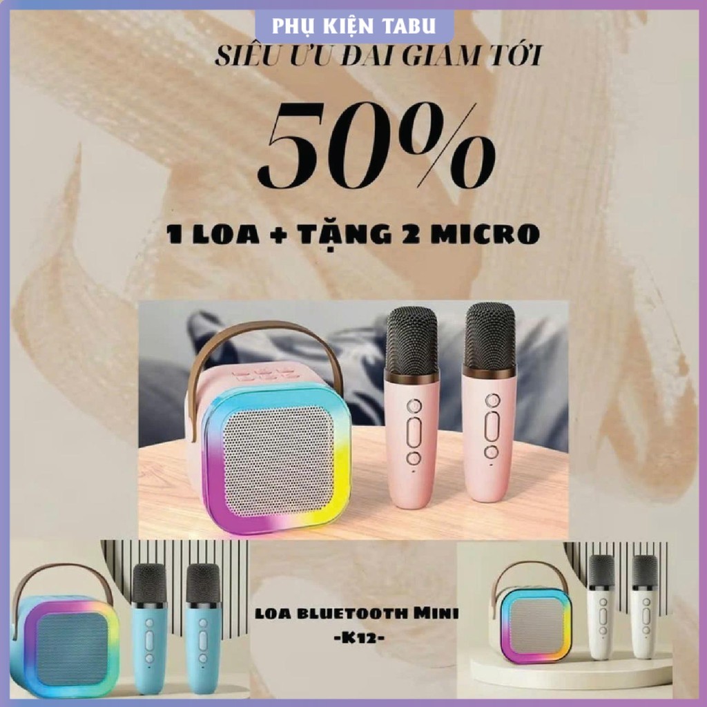 Loa kéo karaoke, Loa Bluetooth Karaoke Mini 2 Mic K12 ,, CÓ ĐÈN LED ,, Loa Karaoke Mini, Loa mini, L