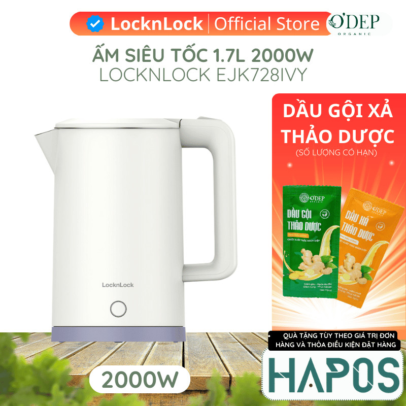 Ấm đun siêu tốc LocknLock EJK728IVY 1.7L 1850-2200W, Hàng chính hãng, Nút kéo mở nắp - HAPOS LOF