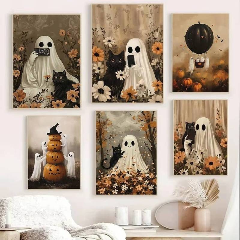 Halloween dễ thương ma đen kinh dị bí ngô ma mèo đen tường nghệ thuật hình ảnh trang trí nhà cửa poster