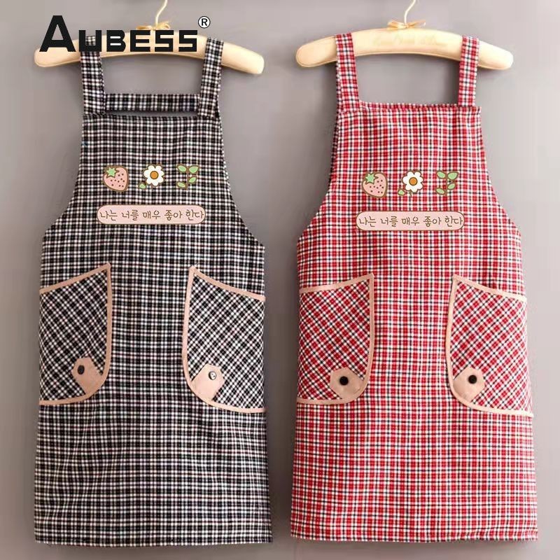 Plaid Kitchen Apron Cotton Linen H Shoulder Straps Back Tie-Up Aprons with Front Pocket for Cooking 