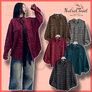 Áo khoác sơmi caro flannel kẻ sọc cotton thô cổ bẻ túi nắp denim unisex nam nữ