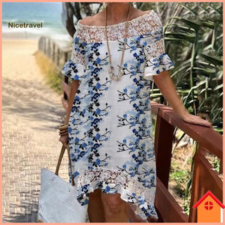 [Ni] Đầm ren trang trí Đầm nữ Váy ren hoa lệch vai Váy Midi thanh lịch xuyên thấu cho nữ Đông Nam Á Tay ngắn Ruffle cổ thuyền dài đến đầu gối