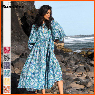 Behemian Vintage Đi Biển Đầm Nữ Pareo Ngày Lễ Đèn Lồng Tay Midi Váy Nữ Quần Áo Boho Vestidos Mùa Hè