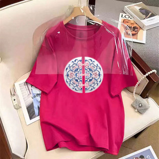 Fashmily [100% Cotton] Áo thun ngắn tay ngoại cỡ mới in họa tiết Áo thun nữ Baggy Cổ tròn dáng rộng nhân quả 2024 Áo