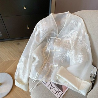 Mới Phong Cách Trung Quốc Jacquard Cổ Chữ v Khóa Áo Khoác Dài Tay Nữ Mùa Xuân 2024 Phong Cách Mới Hơi Trong Suốt Sang Trọng Sang Trọng Sang Trọng Áo Sơ Mi Hàng Đầu❥0818