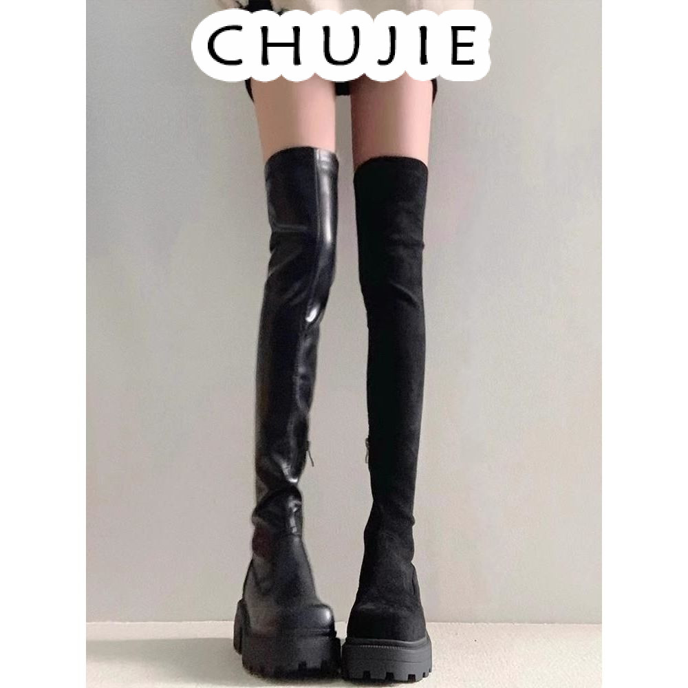 CHUJIE giày nữ boot cao cổ nữ bốt cao cổ Phong cách đơn giản Đi biển Dễ dàng phối đồ Độn đế FSX2410CQN 34Z240819