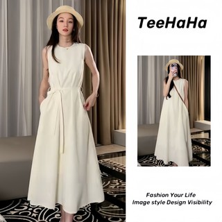  Váy trắng Váy trễ vai đi biển Đầm maxi dáng dài Váy dài cao cấp phong cách Hepburn kiểu Pháp váy liền không tay khoét sau lưng mùa hè cho nữ 