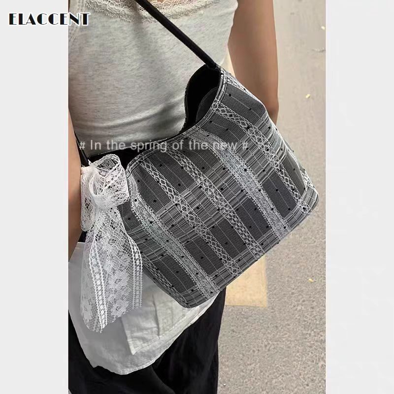 Elaccent Túi đeo dưới cánh tay nữ nơ ren phong cách múa ba lê Hàn Quốc niche thời trang tinh tế túi nách cầm tay