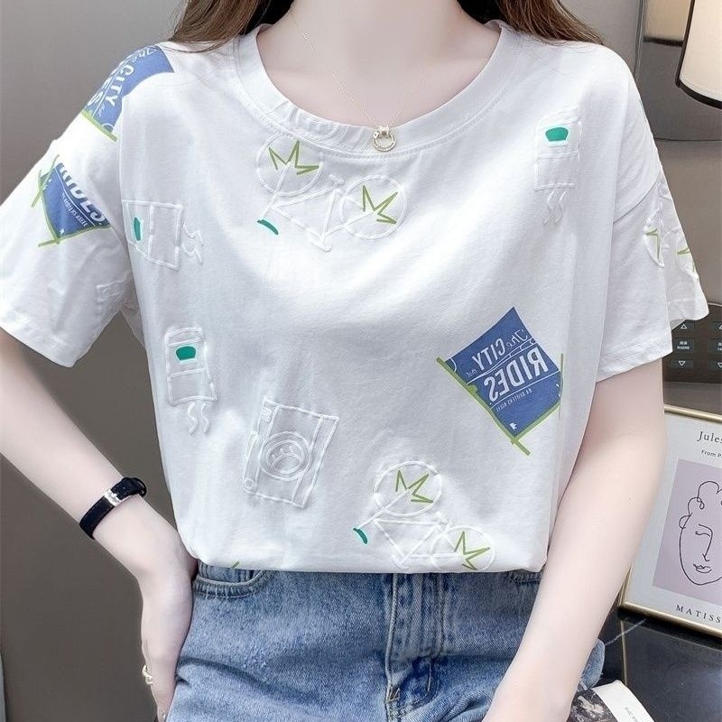Mùa hè 2024 của phụ nữ ngắn tay trắng T-Shirt mới Hàn Quốc phong cách lỏng cổ tròn Nửa tay áo T-shir