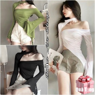 [ A-122 ] Áo kiểu nữ tà xéo nhọn 1 bên khoét vai phối tay kiểu cá tính chất vải thun gân len 4 chiều Free Size