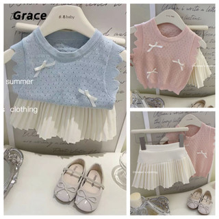 [Grace] Bộ đồ mùa hè cho bé gái 2024 Áo Vest len nhiều nhất + Váy xếp ly thời trang Bộ đồ hai mảnh
