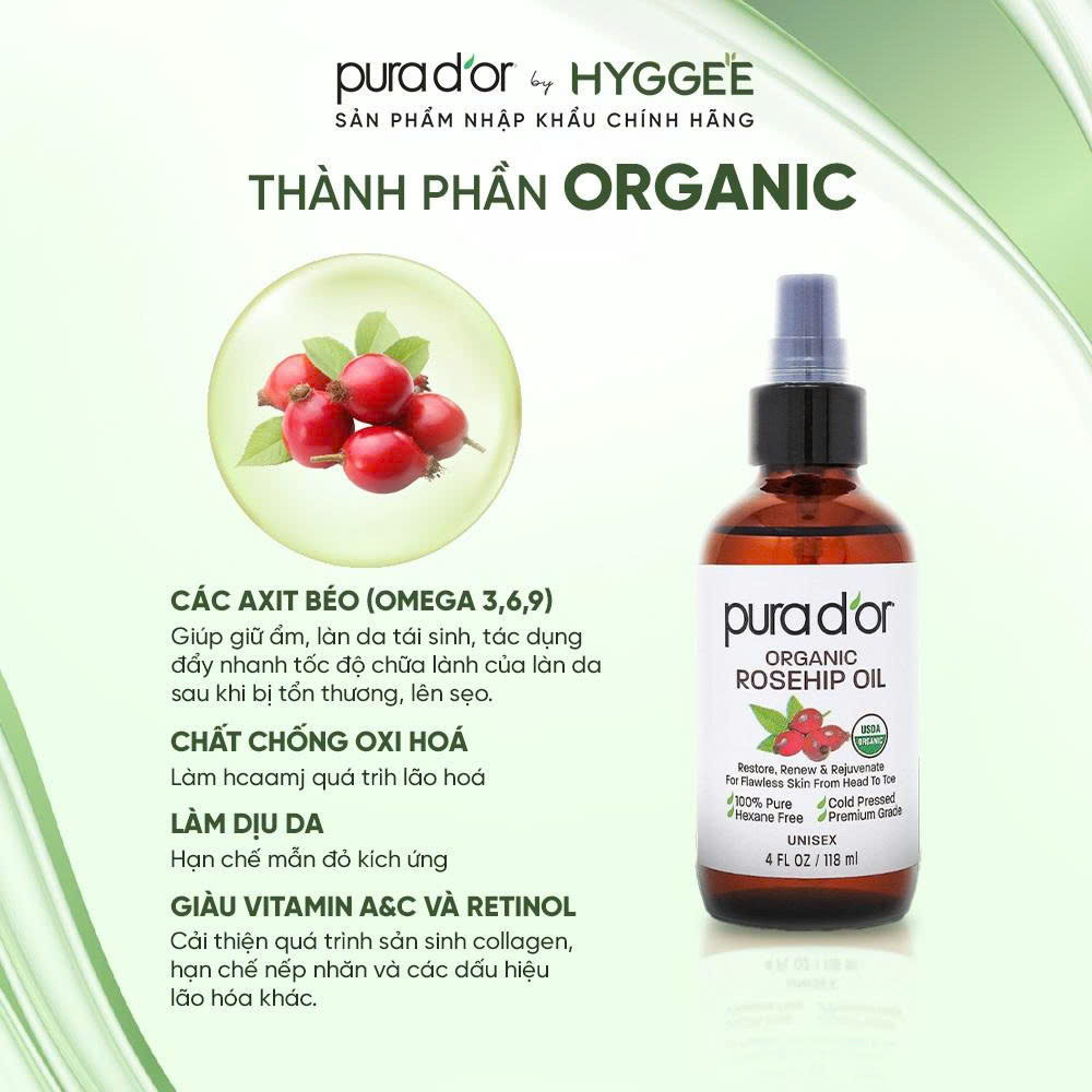 Pura Dor by Hyggee USDA PURADOR roseship oil/ Vitamin E Oil/organic jojoba oil 118ml giúp dưỡng da, 