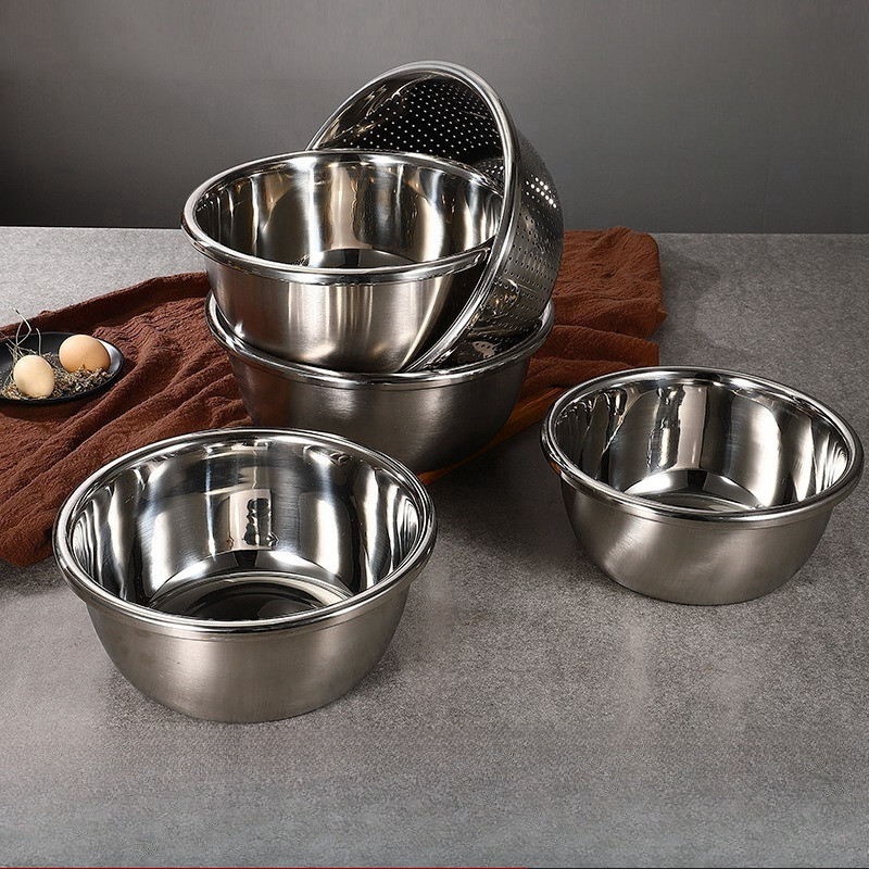 Bộ 5 rổ chậu inox 304 Cao Cấp, combo 5 chậu inox kèm rổ 24cm