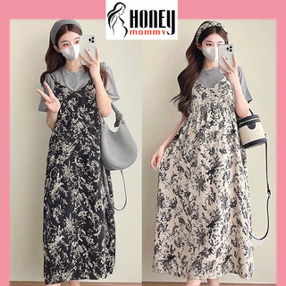 Set Váy Bầu Mùa Hè Dáng Xuông 2 Dây Kèm Áo Phông Cổ Tròn Lịch Sự Basic Trẻ Trung Mặc Dự Tiệc Đi Làm HD3196 Honey Mommy