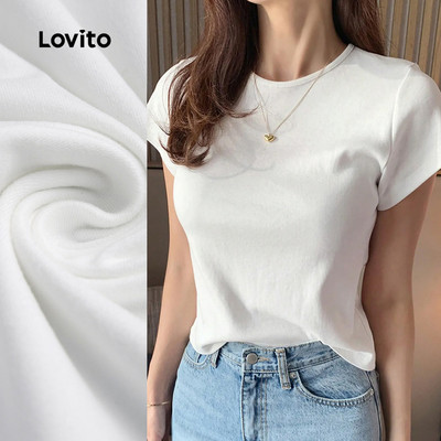 (Phong cách thường ngày) Lovito Áo thun thoải mái mềm mại cho phái đẹp phù hợp mùa xuân hè màu trắng L143ED546