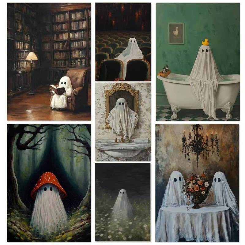 Retro Tối Đại Học gothic Phong Cách Trắng Ma poster Halloween canvas Tranh Treo Tường Nghệ Thuật Hình Ảnh Nhà Phòng Khách Phòng Ngủ Trang Trí Quà Tặng