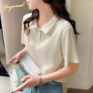 Yuyureal Áo sơ mi polo đeo vai chính hãng Áo thun ngắn tay mùa hè dành cho nữ Thiết kế phong cách mới Waffle với ve áo hàng đầu