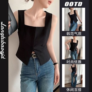 Yuewen Đen Cổ Vuông Không Tay Áo Vest Nữ Mùa Hè Thời Trang Thiết Kế Mới Niche Rỗng Chia Thời Trang Top
