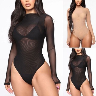 Bodysuit dài tay phối lưới xuyên thấu phong cách quyến rũ dành cho nữ