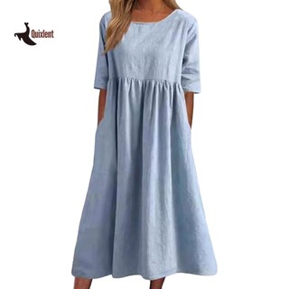 Váy Cotton ngắn tay thông thường mùa hè QUIXLENT có túi dáng rộng vừa vặn cổ tròn chắc chắn