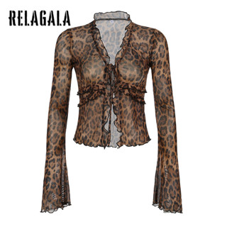 Relagala Nữ 2024 Mới Thời Trang Da Báo In Mỏng Nhìn Xuyên Qua Lưới Gợi Cảm Sừng Tay Áo Cardigan