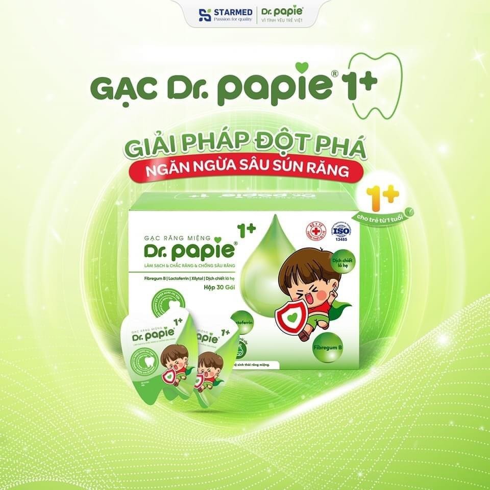(1+) Hộp 30 Gạc Dr Papie 1+ cho bé trên 1 tuổi làm sạch nướu chống sâu răng babyforlove