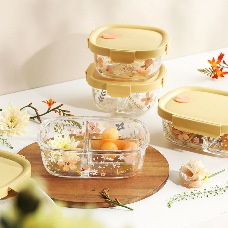 Hoa Mùa Xuân Thủy Tinh Kín Hộp Cơm Trưa Borosilicate Bento Hộp Thủy Tinh Hộp Cơm Trưa Chia Hộp Bento
