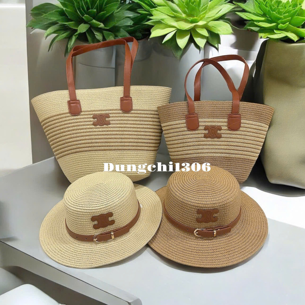 Combo túi cói + mũ cói tag chữ X quai da có khóa kéo tiện lợi