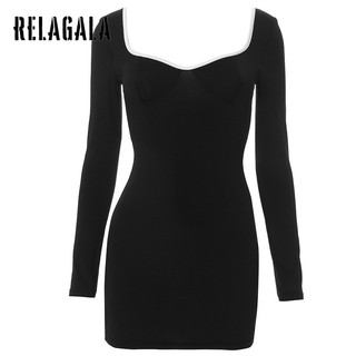 RelaGala Nữ Mới Màu Trơn Dài Tay Cổ Vuông Ôm Gợi Cảm Váy Quấn Hông
