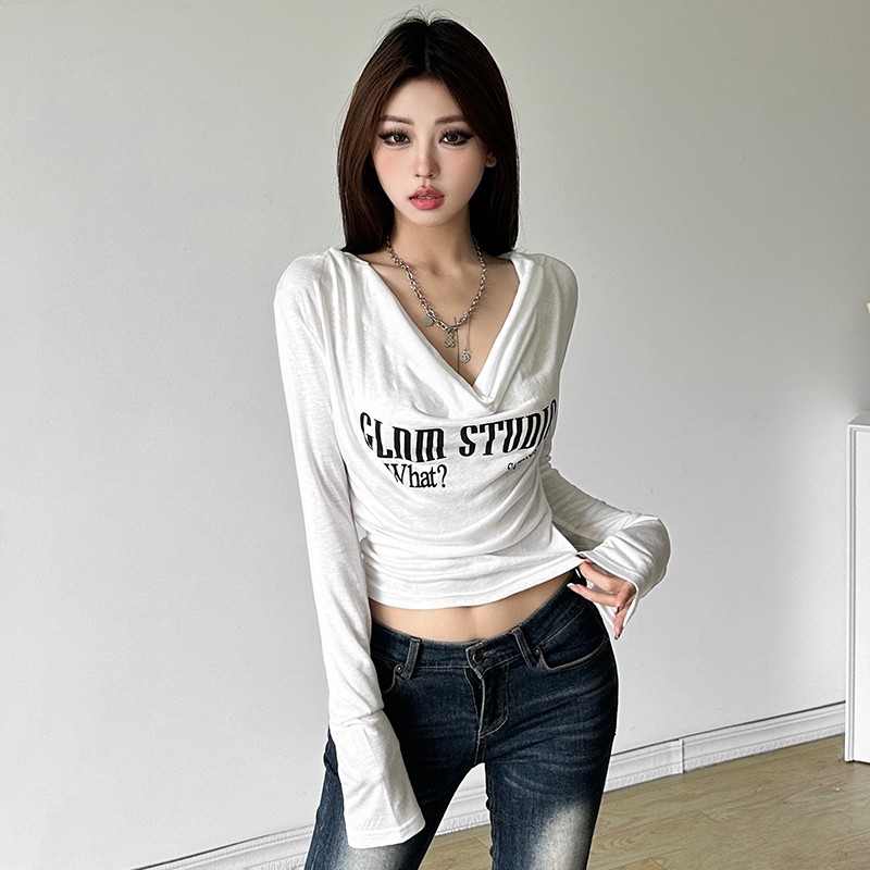 Cutenew Áo thun dài tay thường ngày dành cho nữ có mũ trùm đầu cổ chữ V in hình Slim Dạo phố Crop Top
