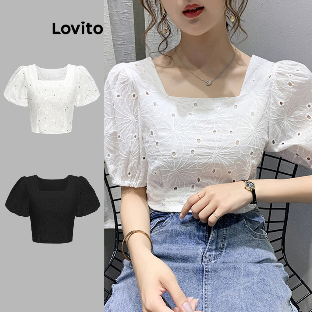 Áo kiểu Lovito xếp nếp thêu rỗng màu trơn thường ngày cho nữ L68ED349 (màu trắng)