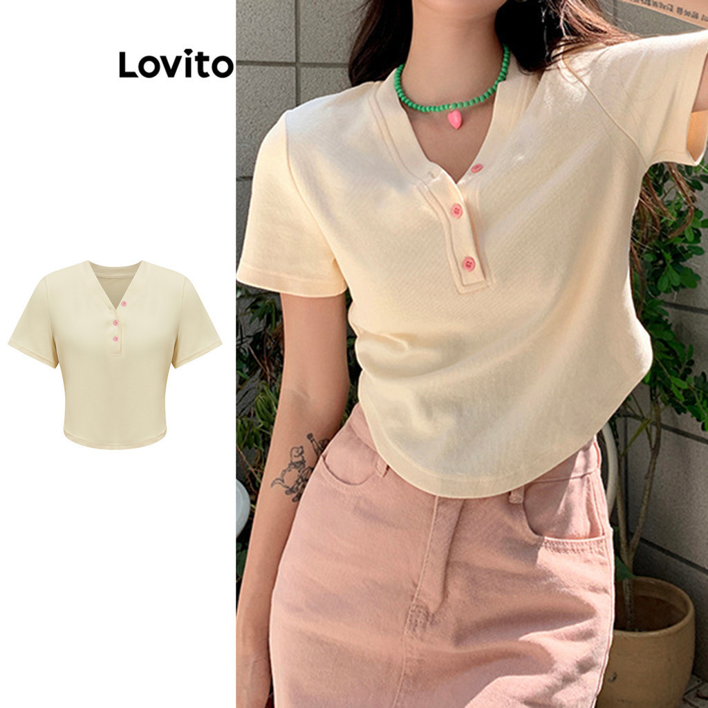 Lovito Áo thun trơn có nút thông thường cho nữ LBA82233