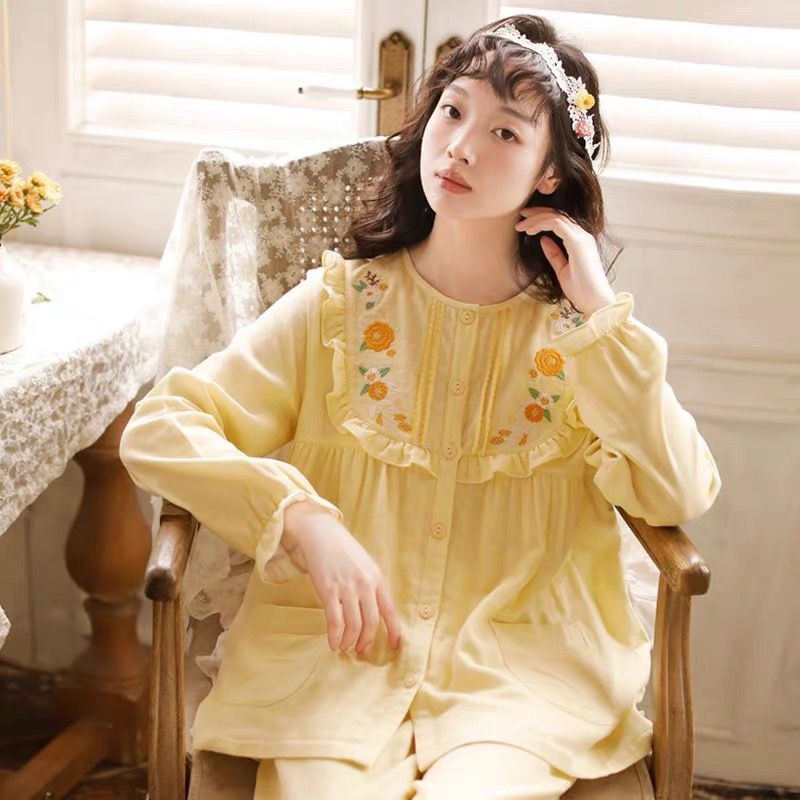Nhật Bản Ngọt Ngào Phong Cách Công Chúa Thêu Homewear Nữ Bộ Đồ Ngủ Mùa Thu Dài Tay Cổ Tròn Mùa Xuân Thu Cotton Nguyên Chất Gạc Mỏng Phù Hợp Với 9.6
