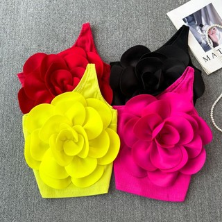 Áo vest đeo chéo hoa lớn ba chiều cổ tròn đeo vai nữ dáng ôm lưng không lưng