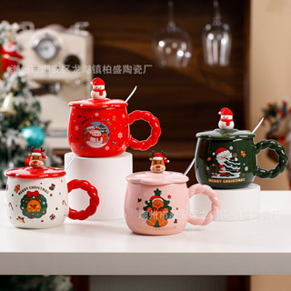  Cốc giáng sinh dung tích lớn có thìa cặp đôi dễ thương cốc uống nước gốm sứ tặng bé gái cốc quà năm mới cho nam 