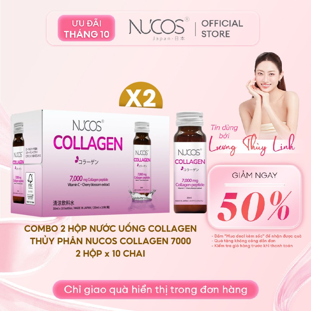 Combo 2 hộp Collagen thủy phân NUCOS Collagen 7.000 dưỡng da trắng sáng mịn hộp 10 chai x30ml