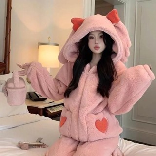 [QC][40-70kg]Bộ ngủ nữ lông dài tay quần dài thỏ hồng mềm mại ấm áp freesize mùa đông Áo Nhung Xưởng may Sm