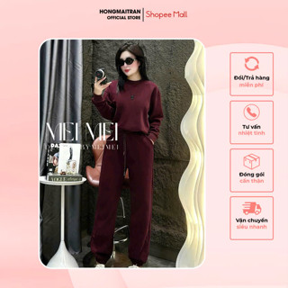 Set đồ nữ thu đông áo sweater trơn basic phối quần dài bo chun màu đỏ đô cực tôn da HONG MAI TRAN ST15942