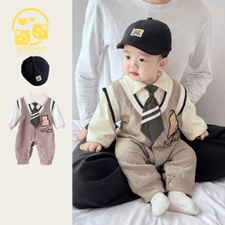 Body công tử chất trần bông cho bé trai dài tay thu đông, bodysuit cho bé liền thân hình gấu, mẫu quần áo sơ sinh 0-12M