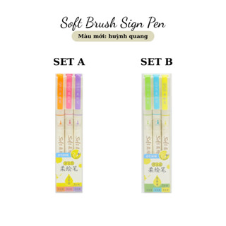  Set 3 Bút Soft Brush Sign Pen Màu Huỳnh Quang Luyện Calligraphy Ngòi Viết Nét Thanh Nét Đậm 