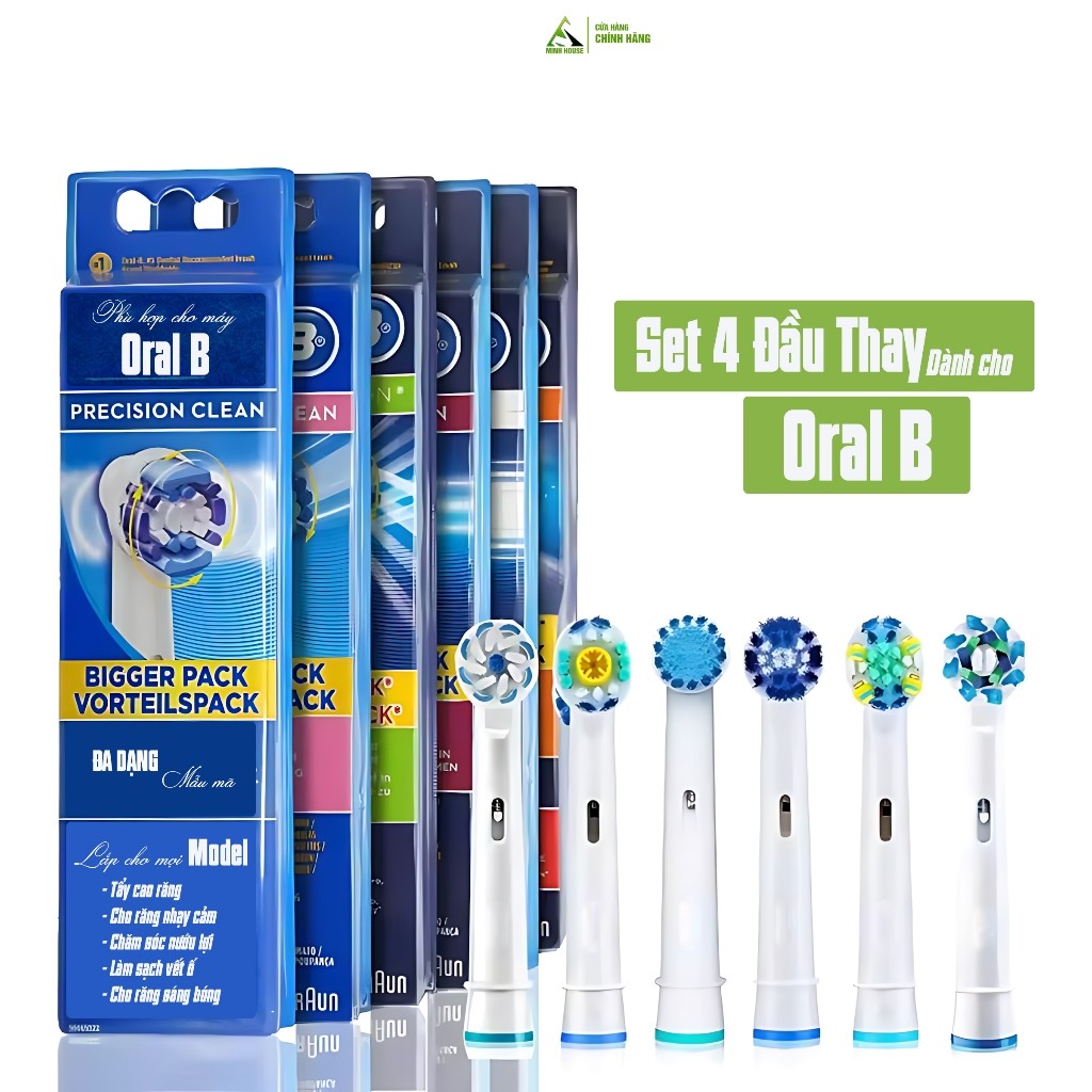 Cho máy Oral B Braun Full Model, Set bộ 4 cái đầu bàn chải đánh răng điện, Cứng Mềm Vừa Minh House