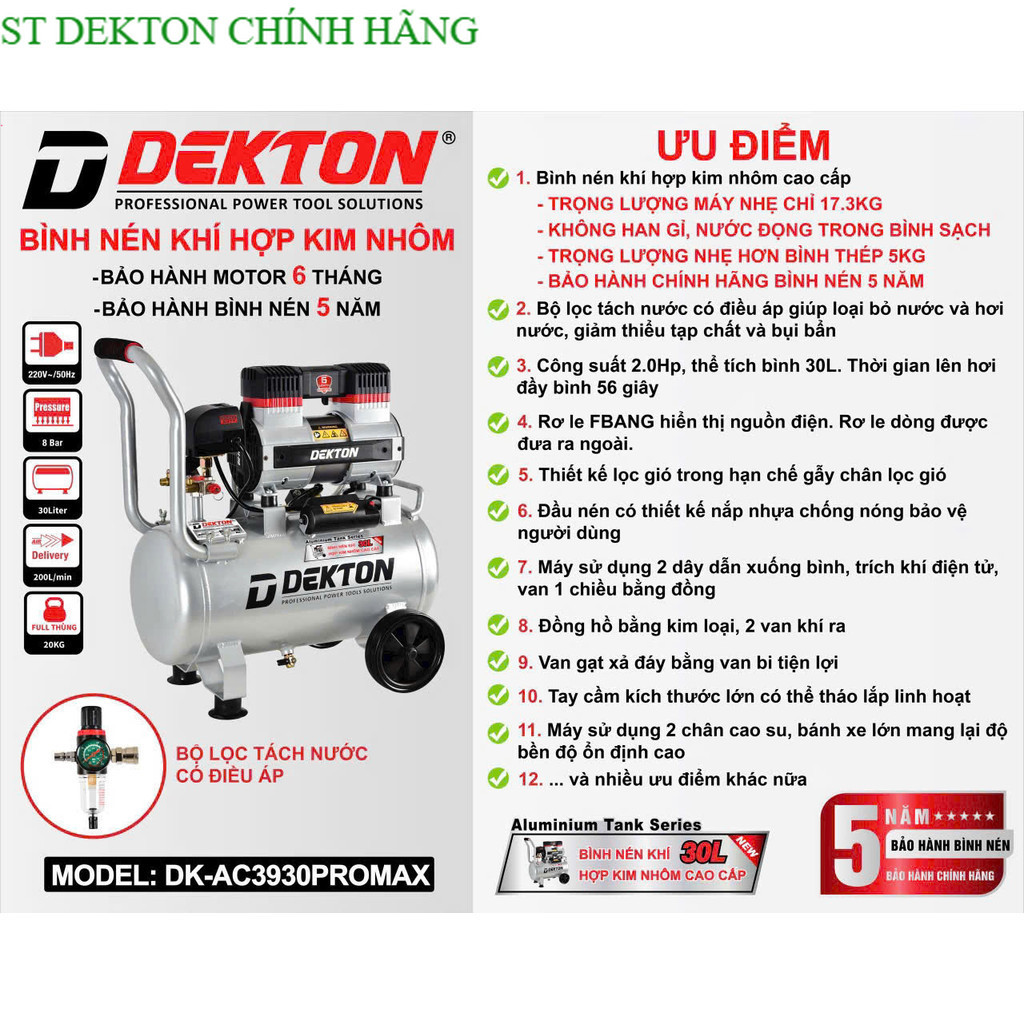 Máy nén khí dekton DK-AC3930Pro , 30lít 2hp , có tách lọc nước STORE DEKTON